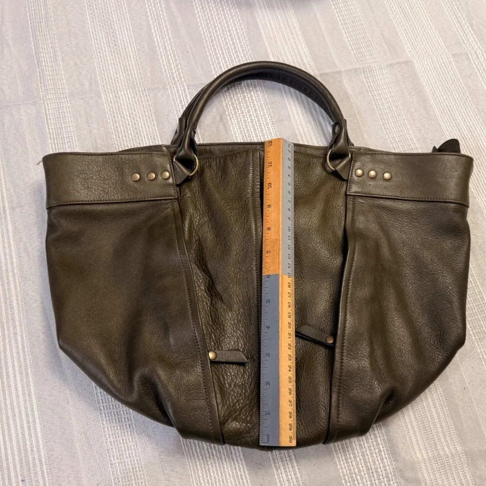 Eileen Fisher Olive Green Leather Tote Bag Hobo Handbag Brass Hardware